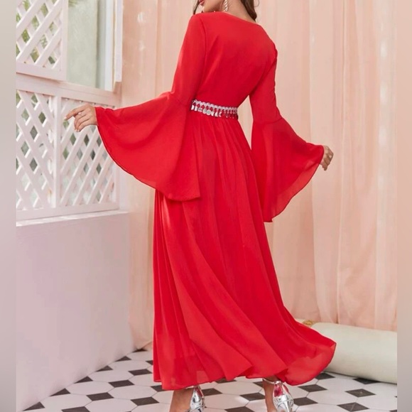 Red Flounce Sleeve Sequin Dress - Picture 2 of 13